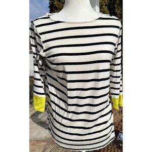 COLETTE Womens Shirt Top Large 3/4 Slv Blk White Striped Yellow Cuff USA Made!